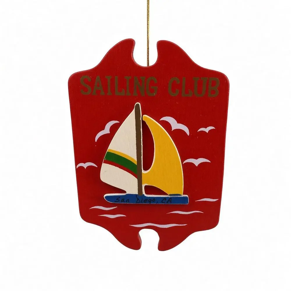 Vintage 1990 Sailing Club San Diego Wood Ornament, Sailboat Christmas Decor